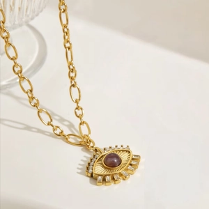 18k gold plated stainless steel necklace featuring a purple evil eye pendant for women