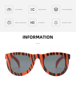 Infographic showing orange tiger print kids glasses with HD lenses and anti-glare features