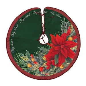 Detail of 90cm Christmas tree skirt with Feliz Natal print and red plaid border
