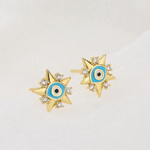 18K gold plated evil eye stud earrings with octagonal star design and zircons