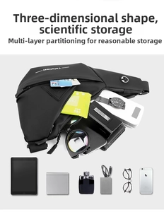 Detailed internal storage of water-resistant black chest bag showing multiple compartments
