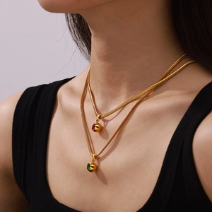 Double-layered 18k gold plated snake chain necklace with red and green zircon pendants