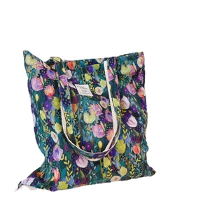 Deep green floral oil painting style cotton canvas tote bag with colorful flower prints