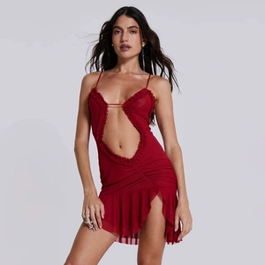 Mini Robe Sexy En Mesh Patchwork Dos Nu Ajourée À Volants Froncée À Bretelles Bodycon Pour Femmes Soirée Club