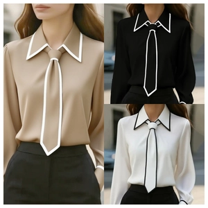 Femme Chemisier Pullover Manches Longues Avec Col Cravate Passepoil Contrasté Élégant Polyester Bureau Haut