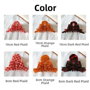 Detail showing various sizes and colors of checkered ribbon bow hair claw clips