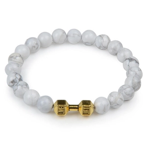 Detail of white marble beads and gold dumbbell charm with Live Lift engraving