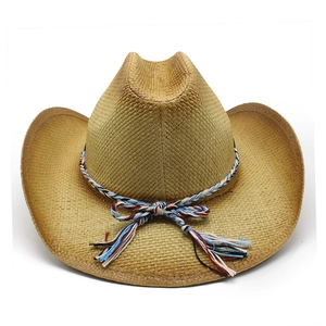 Classic straw cowboy hat with wide curved brim and colorful tassel rope band