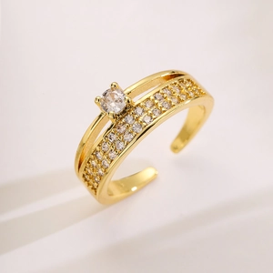 Gold-plated double-layer open ring with round zircon solitaire and micro-pave crystals