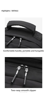 Detail of reinforced top handle and smooth dual zippers on black high-capacity backpack