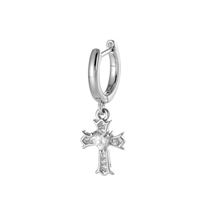 Silver hoop earring featuring a cross pendant with a heart-shaped centerpiece and zircons