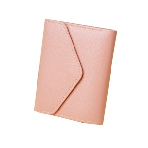 Minimalist light pink PU leather envelope wallet with white stitching on white background