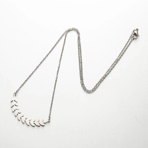 Minimalist stainless steel wheat leaf pendant necklace with fine circular link chain