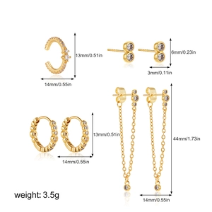 Detailed dimensions of 18K gold plated earring set with zircon studs and ear cuffs