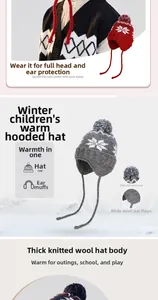 Close-up of thick knitted winter baby hat with soft pom-pom and protective earflaps