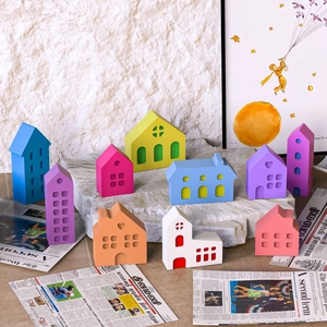 Detailed view of colorful 3D house silicone molds for resin casting and gypsum crafts