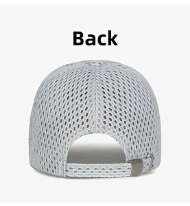 Rear view of grey mesh baseball cap showing adjustable strap and metal buckle