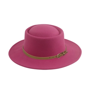 Classic rose red wool fedora hat with a brown leather belt buckle for men and women