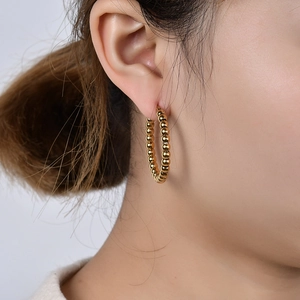 Minimalist 14K gold-plated stainless steel C-shaped beaded earrings worn by a model