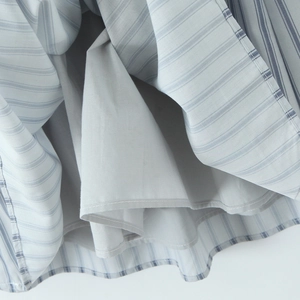 French style striped off-shoulder dress with light blue fabric and grey lining detail