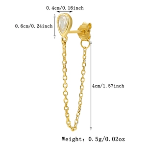 Detailed size view of S925 silver 18K gold plated teardrop stud with long chain tassel