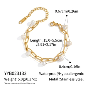 Detail view of double-layer stainless steel chain with natural pearls and size specs