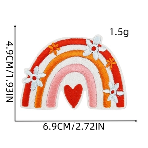 Rainbow embroidered patch with white flowers and red heart showing exact 6.9cm width