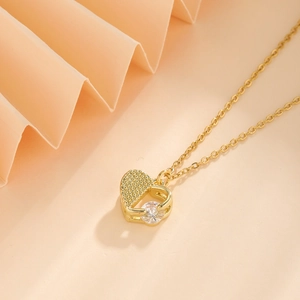 18K gold plated stainless steel heart necklace with hollow grid and crystal pendant
