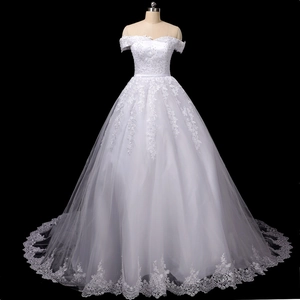Off The Shoulder Wedding Dress Lace Embroidery Beaded Sequins A-Line Bridal Gown With Train Elegant White Ball Gown For Bride