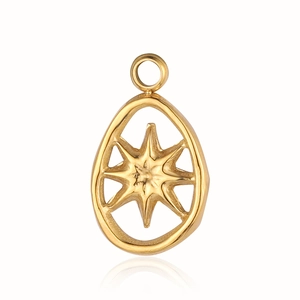 Detailed view of a gold-plated stainless steel hollow oval pendant with an eight-pointed star