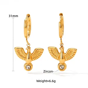 Gold eagle hoop earrings with zircon, 31mm height and 6.6g weight for women