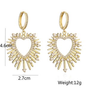 18K gold plated copper heart drop earrings with sparkling zircon stones, 4.6cm height
