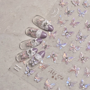 Iridescent butterfly nail art stickers with 3D crystals and purple French lace design