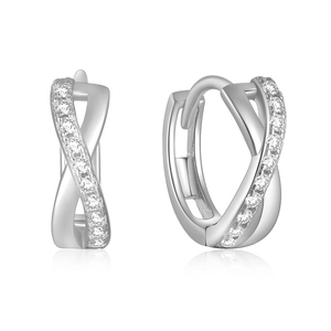 Detailed view of S925 sterling silver criss-cross hoop earrings with sparkling zircons