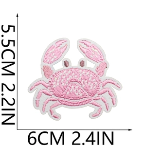 Pink crab embroidered iron-on patch detailed view with 5.5x6cm size measurements
