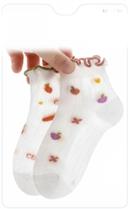 Close-up of baby mesh socks with strawberry patterns and breathable honeycomb structure