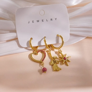 Three-piece set of 14K gold plated earrings with pink stone heart and rose pendants