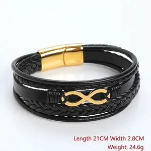 Handmade multilayer black leather bracelet with golden infinity symbol and magnetic clasp
