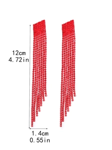 Detailed dimension view of long red tassel rhinestone earrings measuring 12cm by 1.4cm
