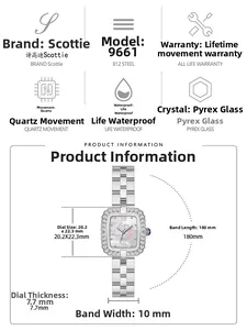 Détails de la montre carrée en nacre avec lunette diamants et bracelet acier