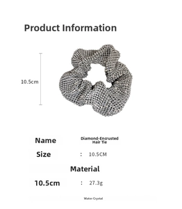 Detailed view of silver rhinestone scrunchie with 10.5cm diameter and 27.3g weight