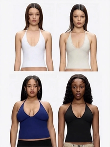 Halter Tank Top Deep V Neck Nylon Spandex Slim Fit Solid Color Crop Sexy American Style Streetwear For Women Top