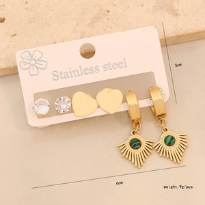 Detailed view of 3-pair earring set with malachite pendant and size measurements