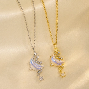 Collier Pendentif Lune Étoile Acier Inoxydable Pierre Irisée Strass Incrusté Bijoux Pour Femmes Or Argent