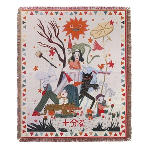 Ins style Bohemian woven camping blanket with sun and animal whimsical fairy tale pattern