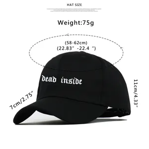 Detailed size chart for black cotton baseball cap showing dimensions and measurements