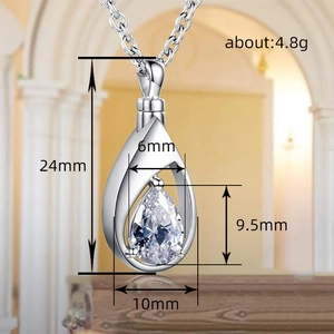Silver teardrop pendant necklace with a pear-cut clear gemstone and size dimensions