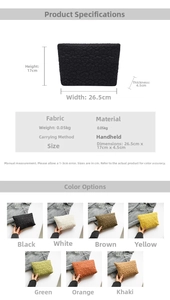 Detailed size chart of fabric clutch bag with 3D floral stitching and dimensions