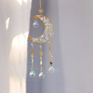 Garden crystal suncatcher with moon and star metal wire frame and rainbow prism spheres