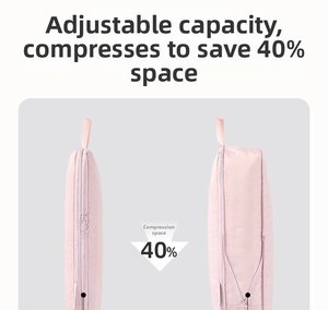 Detail showing pink compression packing cube with zippers saving 40% luggage space